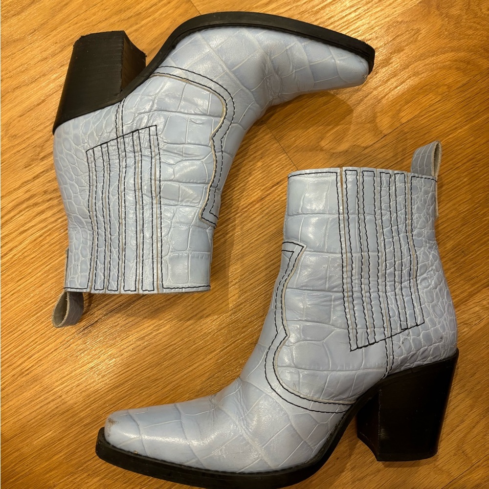 Ganni Blue Western Embossed Leather Ankle Boots Size 37